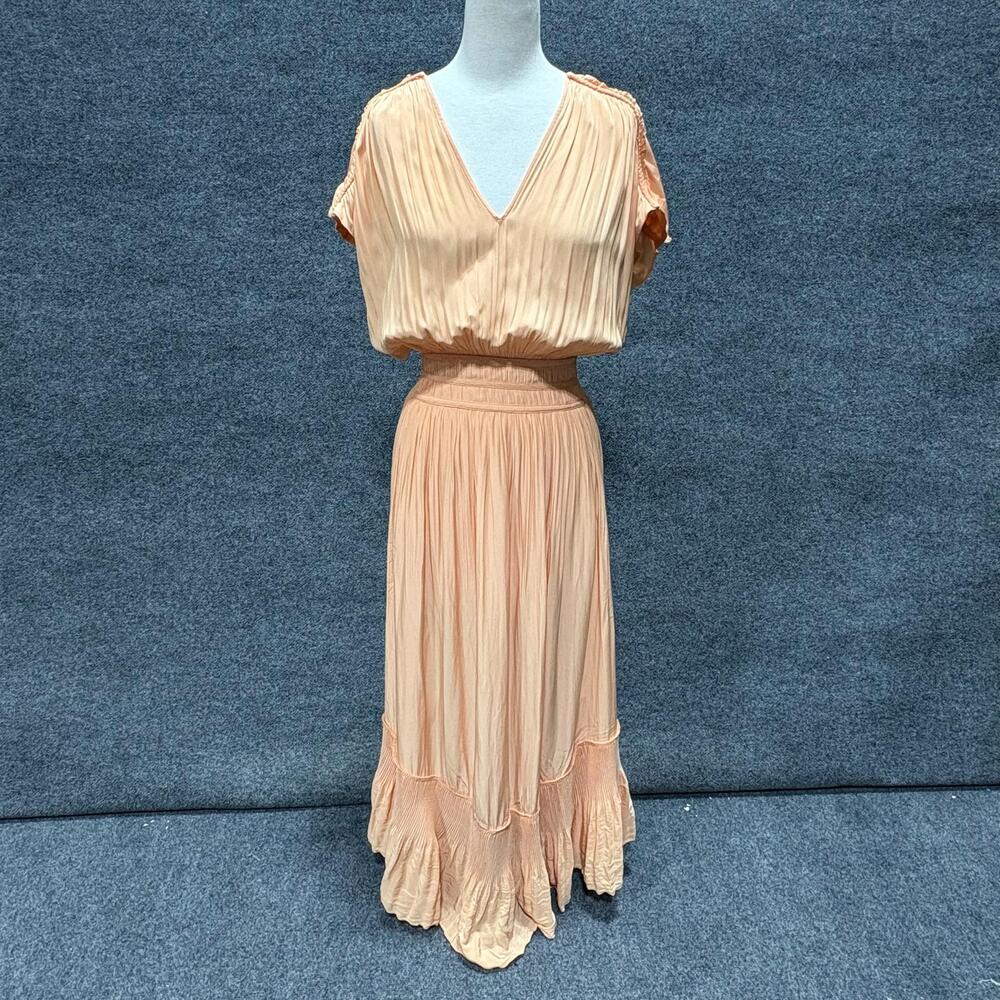 Ramy Brook Dress Womens XXS Orange Pleated Chiffon Maxi Dolman Sleeve V Neck